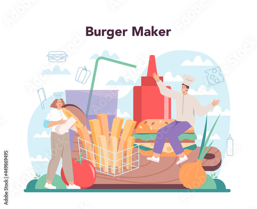 Fast food, burger house concept. Chef cook tasty hamburger