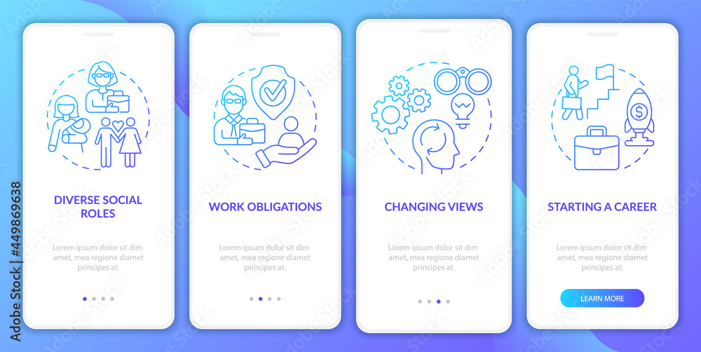 Social activity onboarding mobile app page screen. Personal development features walkthrough 4 steps graphic instructions with concepts. UI, UX, GUI vector template with linear color illustrations