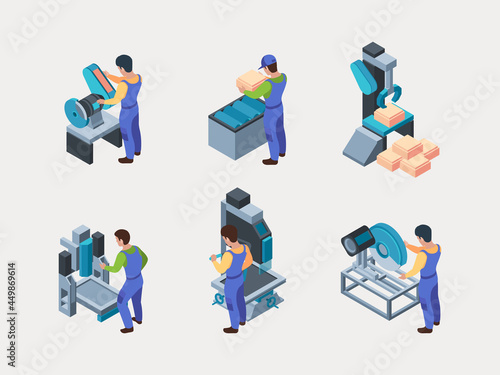 Factory workers. Fabric machine tools electronic milling drilling packing garish production processes vector isometric set