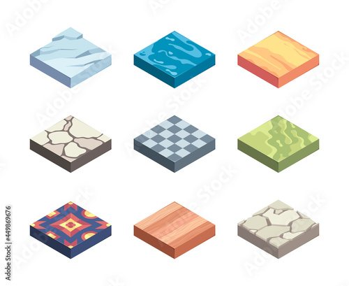 Ground textures. Game templates surfaces on platforms earth layers sand grass rocks water ice garish vector isometric 3d samples