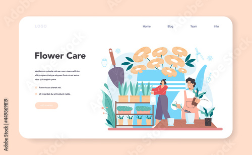 Florist web banner or landing page. Floral designer making bouquet