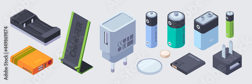 Gadget chargers. Power bank portable smart chargers for cameras and smartphones garish vector isometric illustrations