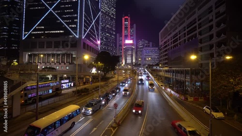 Traffic rushing through Hong Kong island central business district at the Admiralty at night. Shot as a time lapse video photo