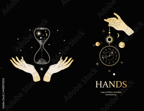 Magic hands with an hourglass.Hand with a clock. Universe in an hourglass.