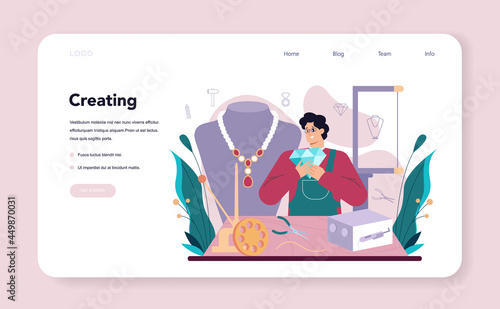 Jeweler web banner or landing page. Goldsmith examining