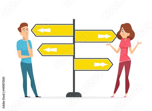 People choose way. Doubt man woman, moder person choice problem. Diverse ways, direction road sign vector concept
