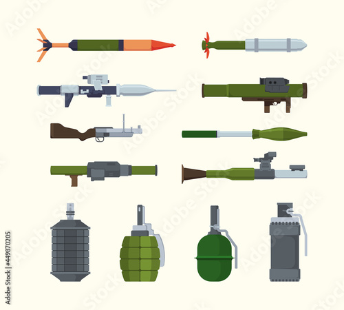 Military weapons. Items for army heavy artillery flying bombs launchers of granade steel bazookas explosive detonators garish vector illustrations of weapons