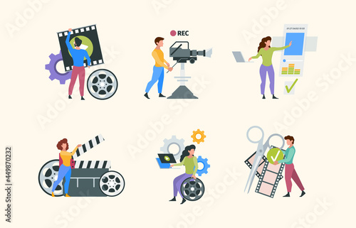 Filmmaking characters. People shooting photo videography production filming media content video tv advertisment garish vector illustrations in flat style