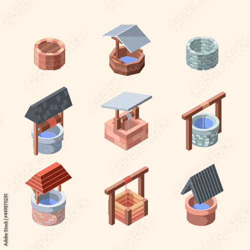 Water well. Outdoor decoration well from bricks and old stones garden water oasis garish vector isometric illustrations