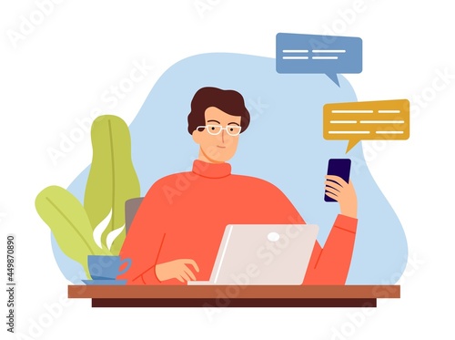 Online communication concept. Man find idea, boy work from home. Busy manager or web developer vector illustration