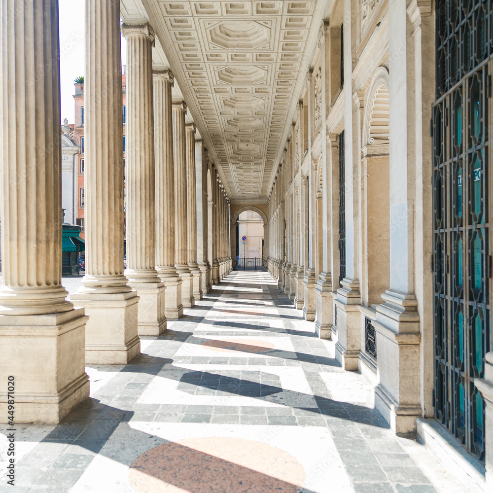 Perspective view of classic roman colonnade. Architectural details of the building. Perspective view of classic roman colonnade. Architectural details of the building.