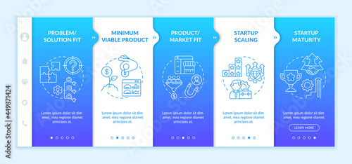 Startup lifecycle phases onboarding vector template. Problem, solution fit. Responsive mobile website with icons. Web page walkthrough 5 step screens. Business color concept with linear illustrations