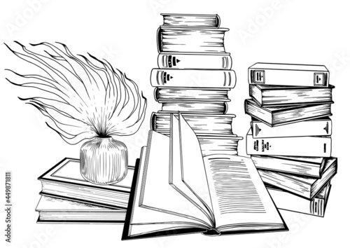 Book arrangement. Black and white illustration. Hand drawn vector isolated on white background.