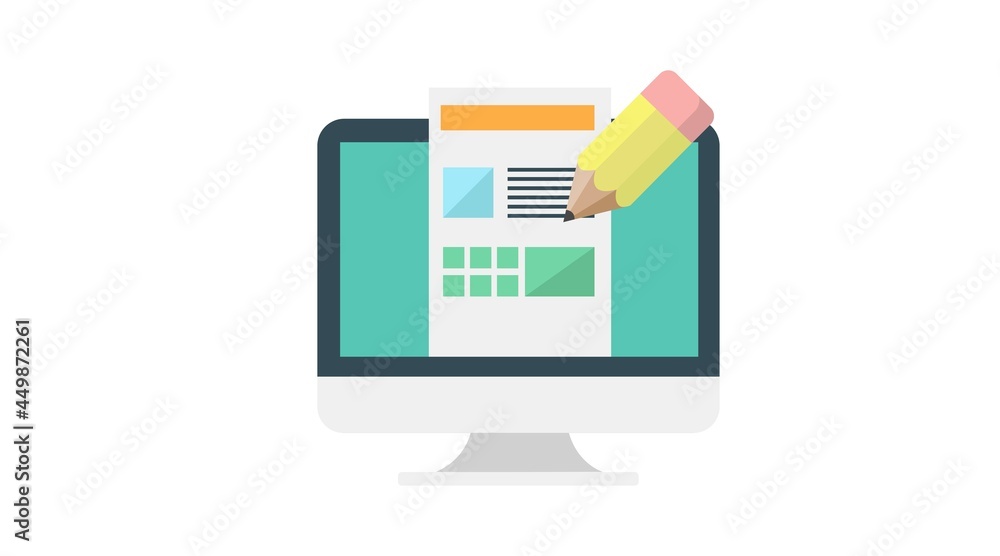Web Design Icon. Vector isolated flat illustration of a computer and a web template with a pencil Web Design Icon. Vector isolated flat illustration of a computer and a web template with a pencil