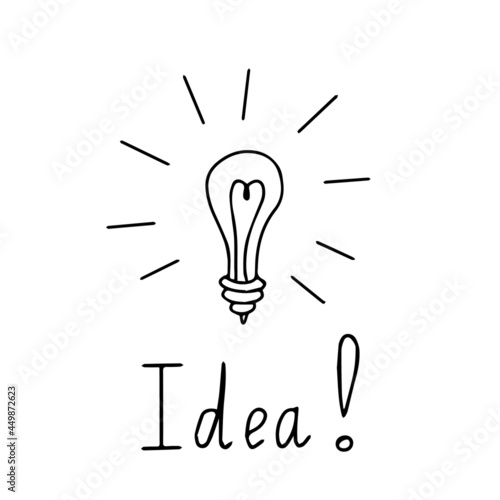 Doodle vector hand drawn lamp icon with handwritten inscription “idea”. Brainstorming, thinking and creativity, business icon, teamwork, inspiration,success.Element isolated for typography and digital
