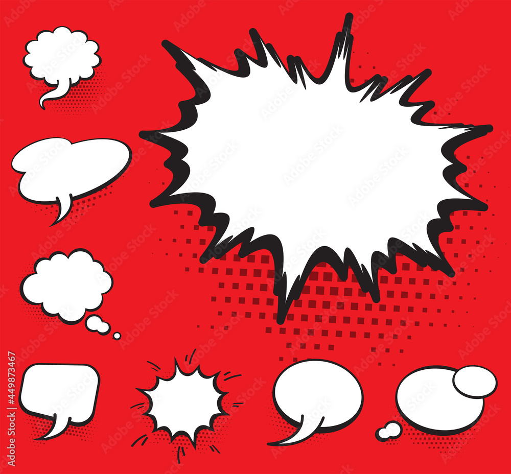 Set of blank template in Pop Art style. Vector Comic Text Speech Bubble Halftone Dot Background. Empty Cloud of Comics book dialog Space for Cartoon Box pop-art. Set of blank template in Pop Art style. Vector Comic Text Speech Bubble Halftone Dot Background. Empty Cloud of Comics book dialog Space for Cartoon Box pop-art.