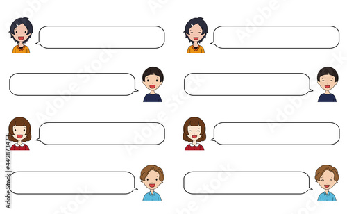 4人の笑顔の女の子と男の子の顔アイコンと吹き出しのセット