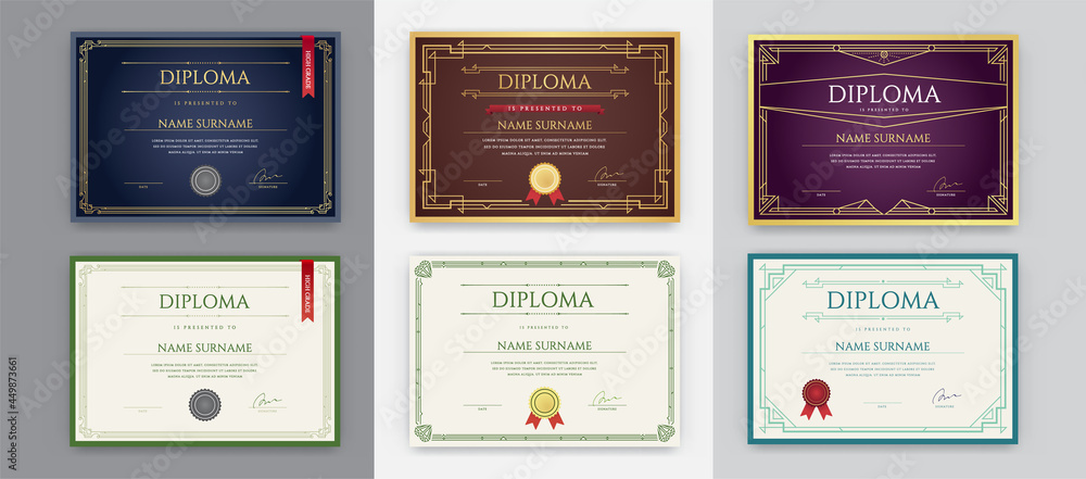 Big Set of 9 Diploma or Certificate Design Template. Ready for Print. Vector. Big Set of 9 Diploma or Certificate Design Template. Ready for Print. Vector.