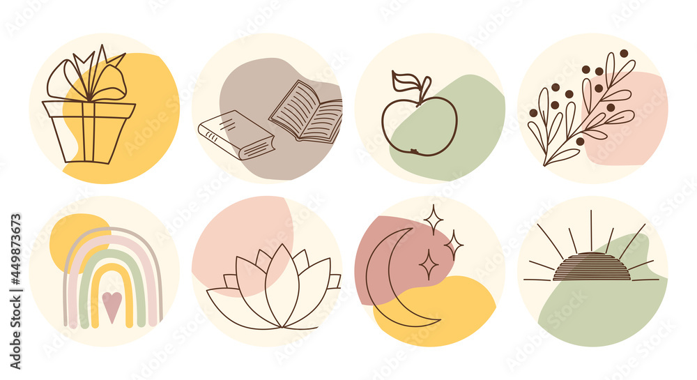 Vector set of round boho icons and emblems for social media story highlight covers. Hand-drawn trendy design templates for bloggers, designers and photographers. Vector set of round boho icons and emblems for social media story highlight covers. Hand-drawn trendy design templates for bloggers, designers and photographers.