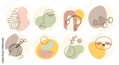 Hand drawn round boho icons and emblems for social media story highlight covers. Set of trendy vector design templates for bloggers, photographers and designers.