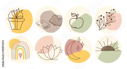 Vector set of round boho icons and emblems for social media story highlight covers. Hand-drawn trendy design templates for bloggers, designers and photographers.
