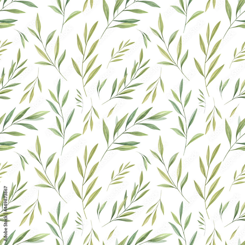 Naklejka premium Watercolor olive leaves seamless pattern on white background. Greenery digital paper. Perfect for textile, covers, wrapping paper, fabric. 