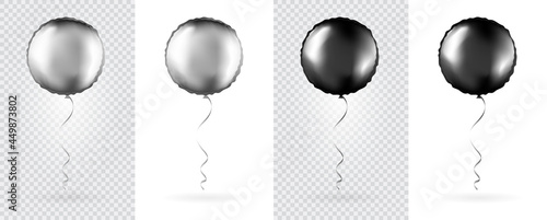 Big Set of Silver and Black Round shaped foil balloons on transparent white background. Mockup for balloon print. Vector.