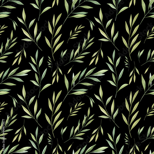 Watercolor olive leaves a seamless pattern on black background. Greenery digital paper. Perfect for textile  covers  wrapping paper  fabric. 