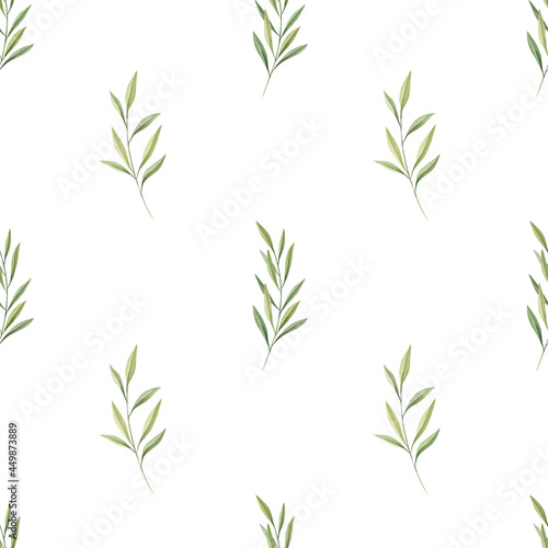 Watercolor olive leaves seamless pattern on white background. Greenery digital paper. Perfect for textile, covers, wrapping paper, fabric. 