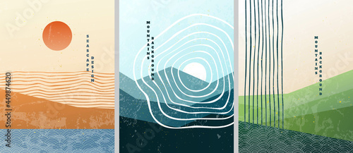 Vector illustration. Bauhaus. Mid century modern graphic. 70s retro funky graphic. Grunge texture. Minimalist landscape set. Abstract shapes. Design elements for poster, postcard, book cover, layout