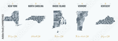 Vector set 3 of 10 Highly detailed silhouettes of US state maps, divided into counties with names and territory nicknames photo