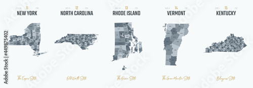 Vector set 3 of 10 Highly detailed silhouettes of US state maps, divided into counties with names and territory nicknames