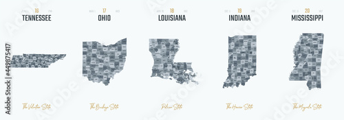 Vector set 4 of 10 Highly detailed silhouettes of US state maps, divided into counties with names and territory nicknames