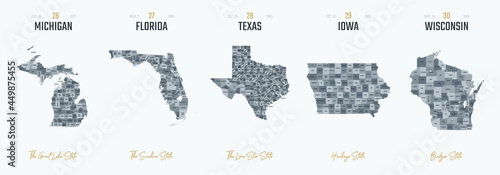 Vector set 6 of 10 Highly detailed silhouettes of US state maps, divided into counties with names and territory nicknames