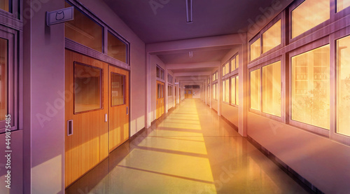 High school corridor balcony in the Everningtime  Anime background  2D illustration