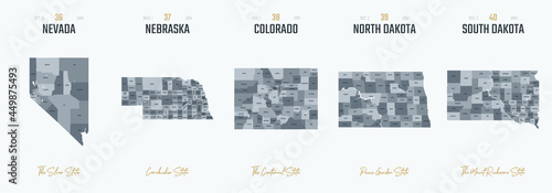 Vector set 8 of 10 Highly detailed silhouettes of US state maps, divided into counties with names and territory nicknames