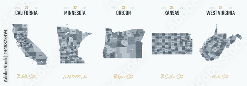 Vector set 7 of 10 Highly detailed silhouettes of US state maps, divided into counties with names and territory nicknames photo