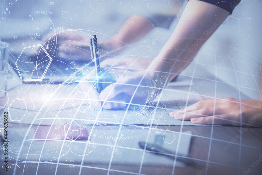 Double exposure of woman hands working on computer and world map hologram drawing. International technology business concept. Double exposure of woman hands working on computer and world map hologram drawing. International technology business concept.