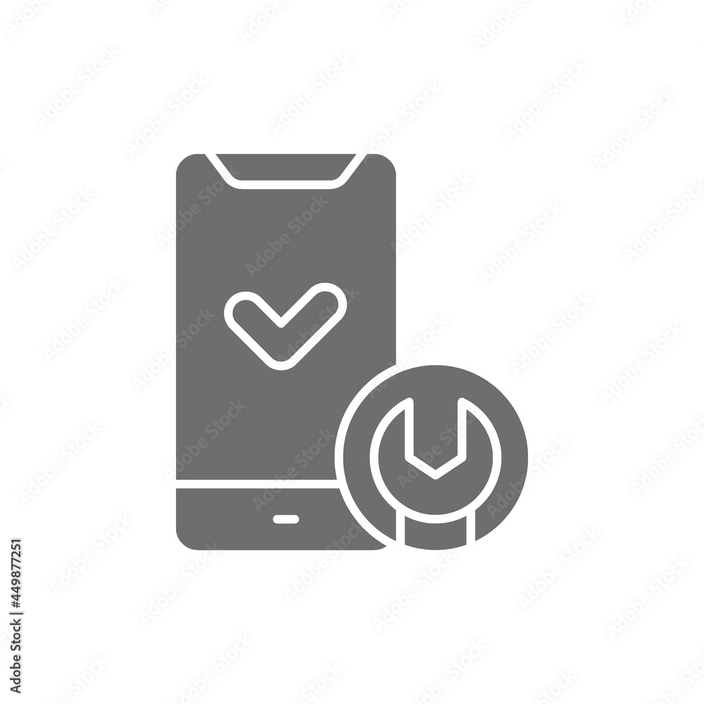 Phone with wrench, smartphone repair grey icon. Phone with wrench, smartphone repair grey icon.