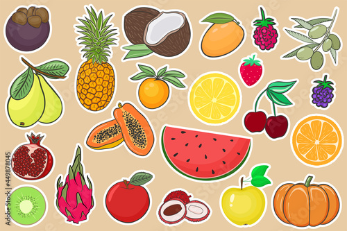Fototapeta Naklejka Na Ścianę i Meble -  Collection of fruits and berries stickers vector illustration. A large set of summer exotic fruits, juicy and ripe berries. Organic healthy food stickers.