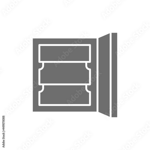 Vector fridge, freezer with shelves grey icon.