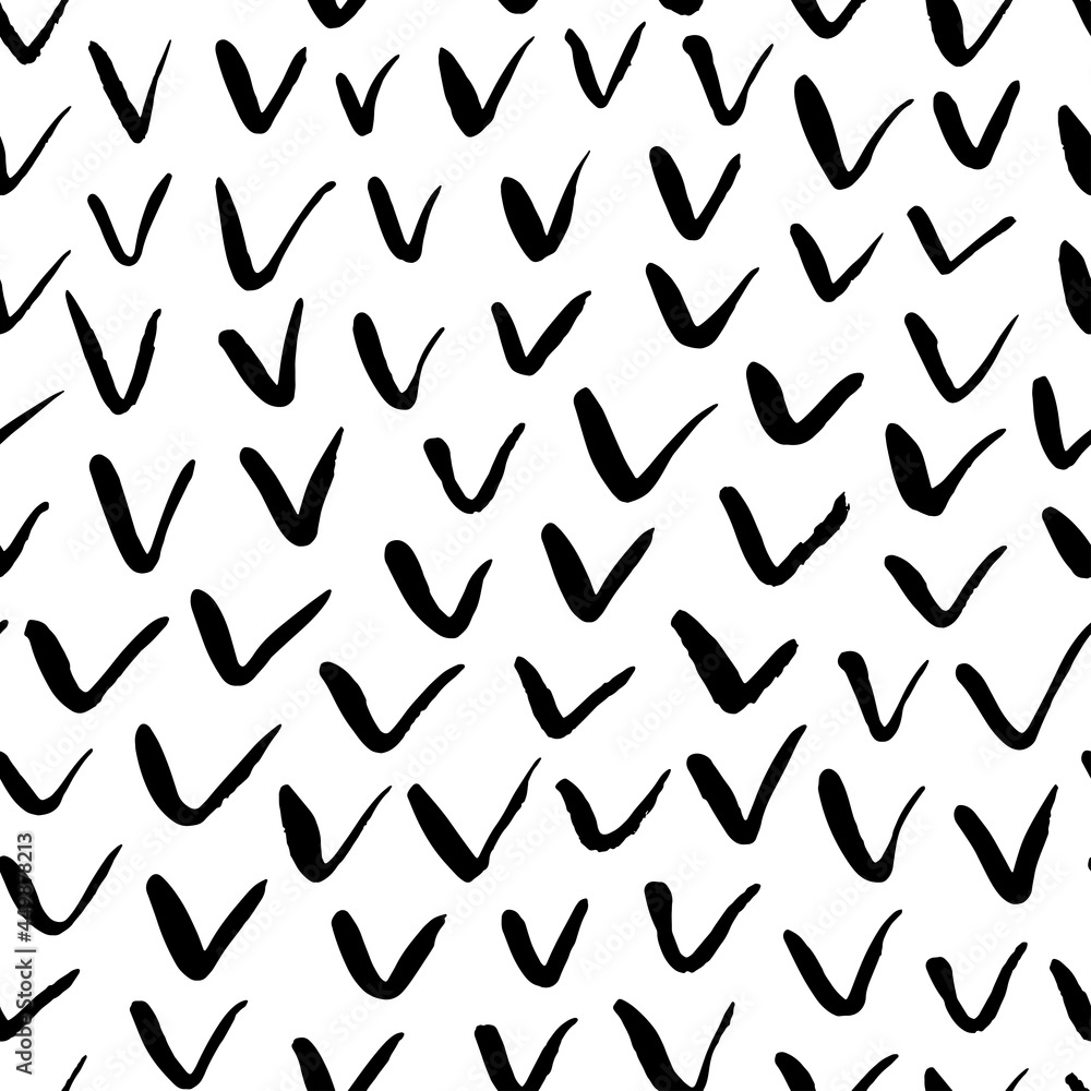 Triangle and check mark seamless pattern. Hand drawn black and white ink wallpaper. Triangle abstract mosaic vector background. Geometrical simple shapes. Hand painted dry brush strokes. Triangle and check mark seamless pattern. Hand drawn black and white ink wallpaper. Triangle abstract mosaic vector background. Geometrical simple shapes. Hand painted dry brush strokes.