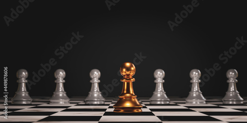 Golden pawn chess stepped out of line to leading black chess and show different thinking ideas. Business technology change and disruption for new normal concept.3d render