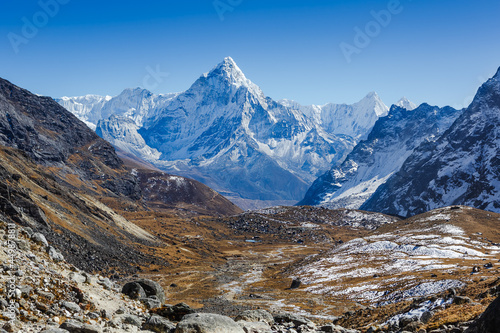 beautiful view of mount Ama Dablam and Khumbu valley with beautiful sky on the way to Everest base camp  Sagarmatha national park  Everest area  Nepal