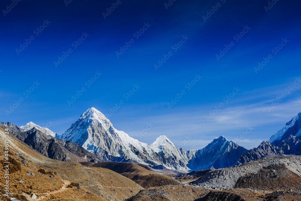 Pumori mountain summit on the famous Everest Base Camp trek in Himalayas, Nepal