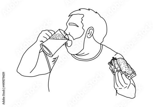 Fat man drinking beer and eating a burger. A Bearded man holding a beer mug and a hamburger. Outline sketch. Vector illustration.