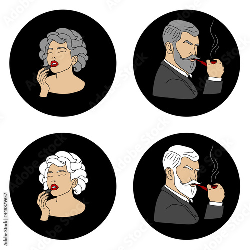 Retro lady and gentleman icon set. A bearded man with a pipe and a woman with lipstick. WC, toilet, restroom vintage signs template. Elegant classic style couple. Vector illustration.