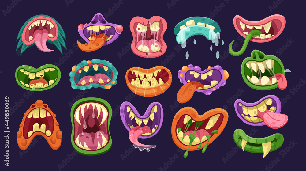 Funny monster mouth set with different expressions. Monstrous emotions, facial scary horror expressions for Halloween cartoon vector