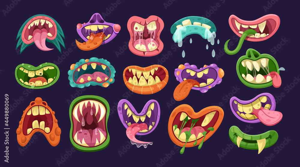 Funny monster mouth set with different expressions. Monstrous emotions, facial scary horror expressions for Halloween cartoon vector Funny monster mouth set with different expressions. Monstrous emotions, facial scary horror expressions for Halloween cartoon vector