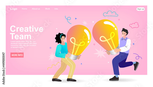 People jumping holding idea bulb. Brainstorming and generating ideas. Work in a creative team. Business team idea. group celebrating abstract brainstorm result. Vector flat illustration.